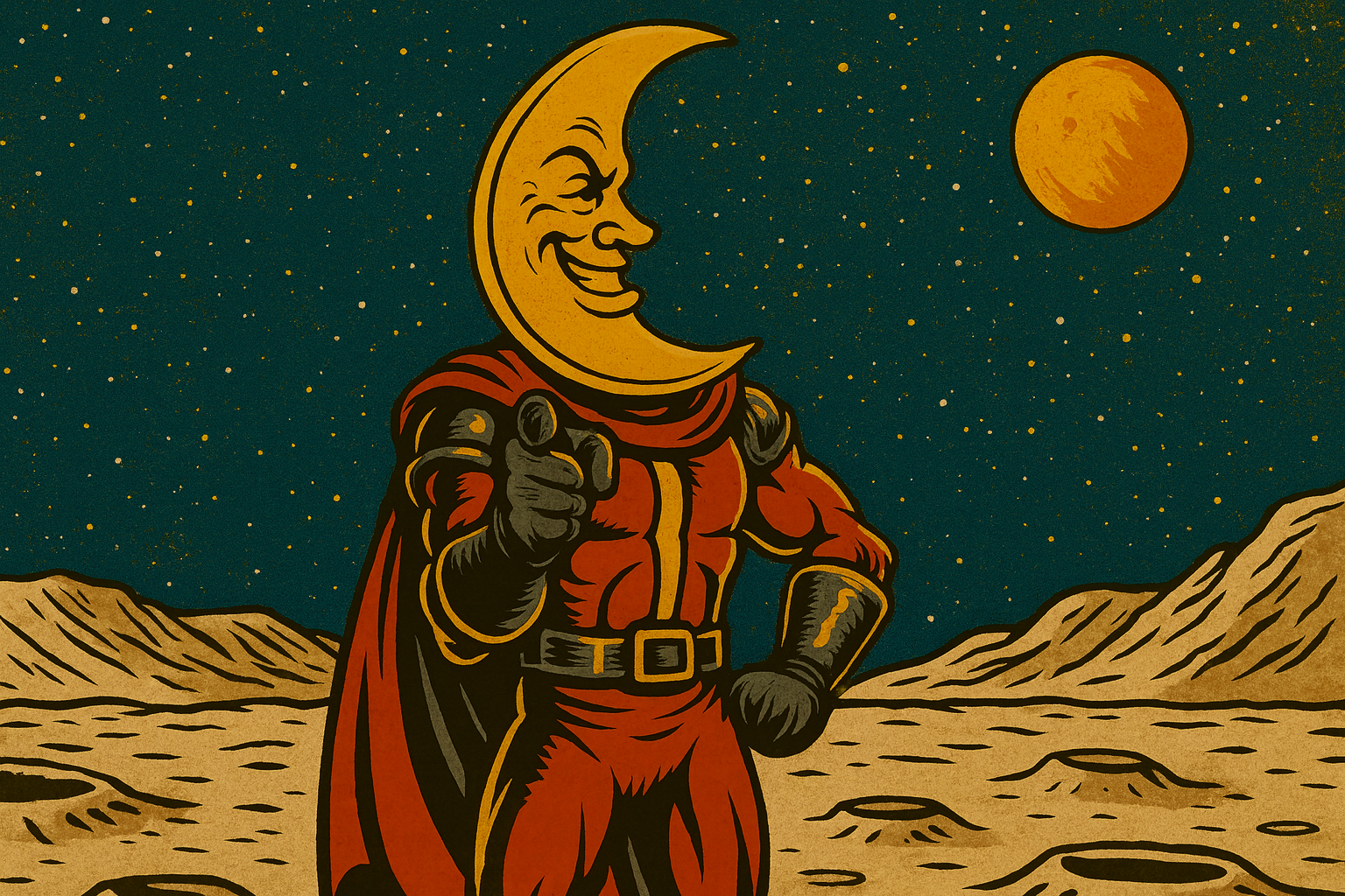 Lunar Larry, a crescent-moon hero in a red suit, points toward you from a lunar landscape.